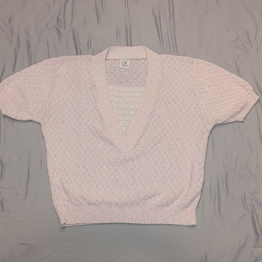 Centennial Knits USA L Pink Top Sweater V-neck Crochet Made In USA